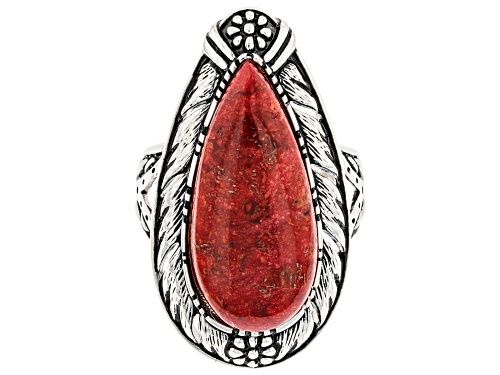 Photo of Southwest Style By JTV™ Pear Shaped Red Sponge Coral Rhodium Over Sterling Silver Ring - Size 8