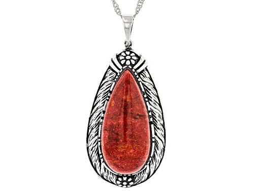 Southwest Style by JTV™ Pear Shaped Red Sponge Coral Rhodium Over Silver Pendent With 18" Chain