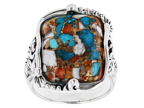 Photo of Southwest Style By JTV™ Blended Turquoise and Spiny Oyster Shell Rhodium Over Silver Ring - Size 9