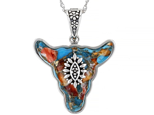 Photo of Southwest Style By JTV™ Blended Turquoise & Oyster Shell Rhodium Over Silver Bull Enhancer W/ Chain