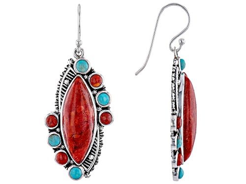 Southwest Style By JTV™ Red Sponge Coral and Blue Turquoise Rhodium Over Sterling Silver Earrings