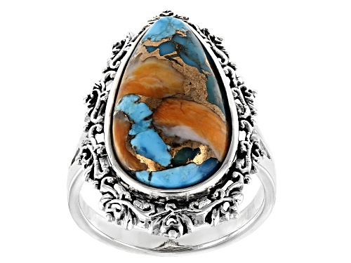 Photo of Southwest Style By JTV™ Blended Turquoise with Spiny Oyster Shell Rhodium Over Silver Ring - Size 7