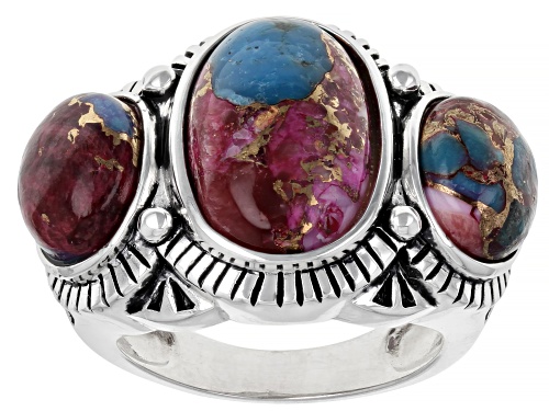 Photo of Southwest Style By JTV™ Blended Turquoise and Purple Spiny Oyster Rhodium Over Silver 3-Stone Ring - Size 8