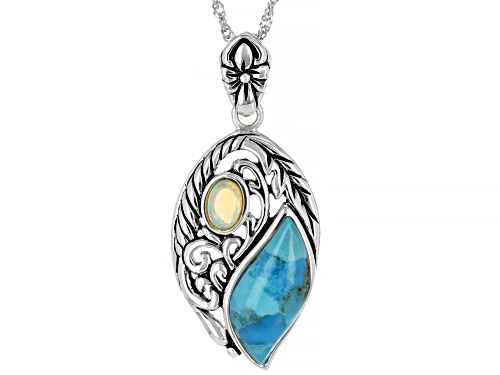Southwest Style By JTV™ Turquoise and Opal Rhodium Over Sterling Silver Pendant with Chain