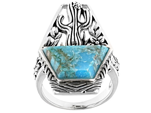 Photo of Southwest Style By JTV™ Custom Shape Blue Turquoise Rhodium Over Silver Cactus Ring - Size 8