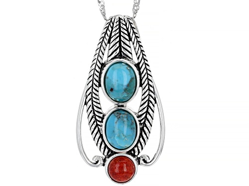 Southwest Style By JTV™ Turquoise and Red Sponge Coral Rhodium over Silver Pendant with Chain