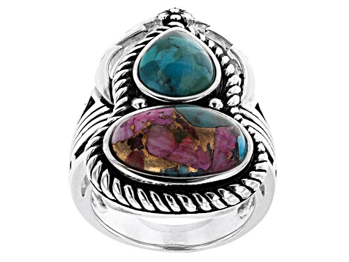 Photo of Southwest Style By JTV™ Blended Turquoise and Purple Spiny Oyster Shell Rhodium Over Silver Ring - Size 10