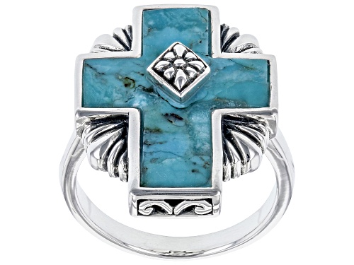 Photo of Southwest Style By JTV™ Blue Turquoise Rhodium Over Sterling Silver Cross Ring - Size 11