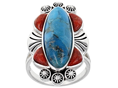 Photo of Southwest Style By JTV™ Turquoise and Red Sponge Coral Rhodium Over Silver Ring - Size 11
