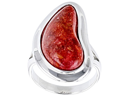Photo of Southwest Style By JTV™ 22x10mm Custom Shape Red Sponge Coral Rhodium over Sterling Silver Ring - Size 7
