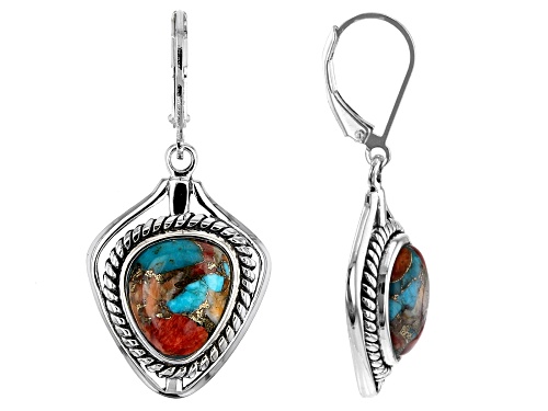 Southwest Style By JTV™ Blended Turquoise and Spiny Oyster Shell Rhodium Over Silver Cuff Earrings