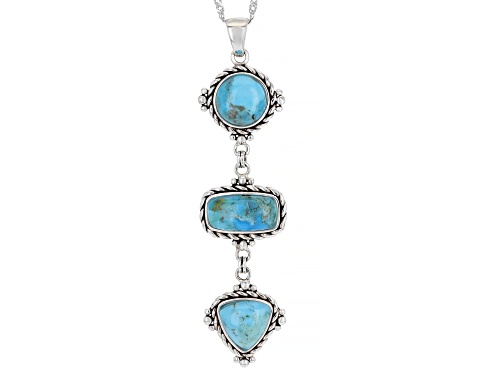 Photo of Southwest Style By JTV™ Blue Turquoise Rhodium Over Silver 3-stone Dangle Pendant with Chain
