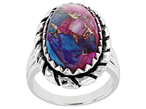 Photo of Southwest Style By JTV™ Blended Turquoise and Purple Spiny Oyster Shell Rhodium Over Silver Ring - Size 8