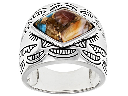 Photo of Southwest Style By JTV™ Blended Turquoise and Spiny Oyster Shell Rhodium Over Sterling Silver Ring - Size 11