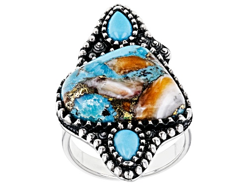 Photo of Southwest Style By JTV™ Sleeping Beauty Turquoise & Spiny Oyster Shell Rhodium Over Silver Ring - Size 7