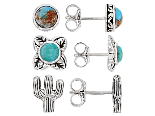 Photo of Southwest Style By JTV™ Composite Turquoise and Spiny Oyster Rhodium Over Silver Set of 3 Earrings