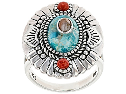 Photo of Southwest Style By JTV™ Turquoise With Spiny Oyster and Red Coral Rhodium Over Silver Ring - Size 8