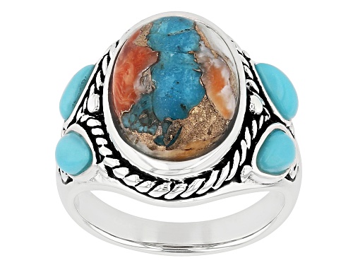 Southwest Style by JTV™ Blended Spiny Oyster Shell with Turquoise Rhodium Over Sterling Silver Ring - Size 8