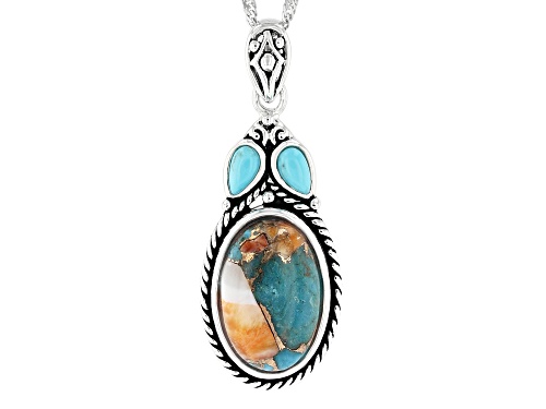 Southwest Style by JTV™ Blended Spiny Oyster Shell with Turquoise Rhodium Over Silver Pendant/Chain