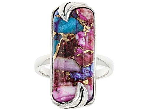 Southwest Style by JTV™ Blended Turquoise & Purple Spiny Oyster Shell Rhodium Over Silver Ring - Size 8