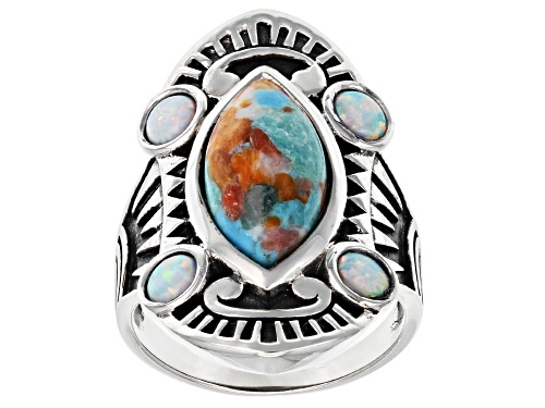 Photo of Southwest Style by JTV™ Blended Turquoise With Spiny Oyster & Lab Opal Rhodium Over Silver Ring - Size 7
