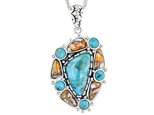 Southwest Style by JTV™ Blended Turquoise & Spiny Oyster Shell Rhodium Over Silver Pendant/ Chain