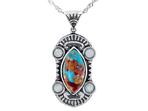 Southwest Style by JTV™ Blended Turquoise With Spiny Oyster & Lab Opal Rhodium Over Silver Pendant