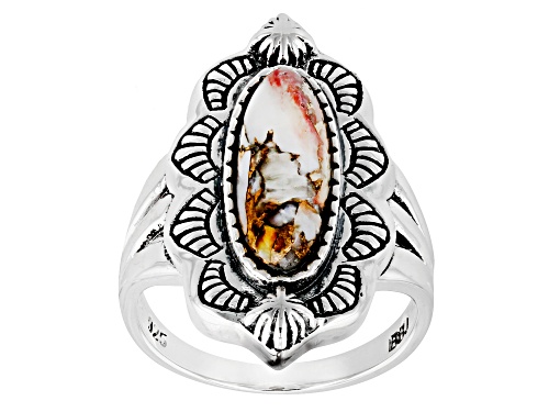 Photo of Southwest Style By JTV™ Oval Orange Spiny Oyster Shell Rhodium Over Sterling Silver Ring - Size 12