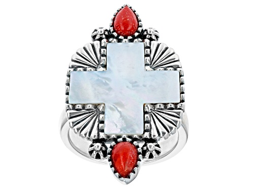 Southwest Style By JTV™ White Mother-of-Pearl Cross With Red Coral Rhodium Over Silver Ring - Size 8