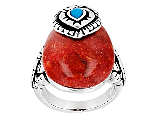 Photo of Southwest Style By JTV™ Sleeping Beauty Turquoise and Sponge Coral Sterling Silver Ring - Size 12