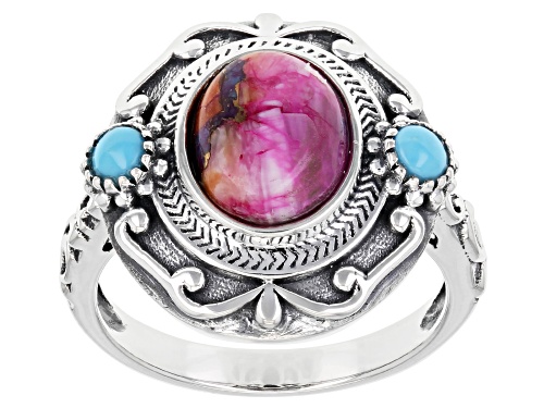 Photo of Southwest Style By JTV™ Blended Multi-Color Spiny Oyster W/ Sleeping Beauty Rhodium Over Silver Ring - Size 8