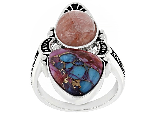 Photo of Southwest Style By JTV™ Rhodochrosite with Blended Turquoise & Purple Spiny Oyster Shell Silver Ring - Size 7