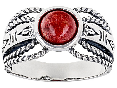 Southwest Style By JTV™ 7mm Round Red Coral Sterling Silver Ring - Size 8