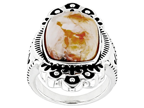 Southwest Style by JTV™ 16x12mm Cushion Orange Spiny Oyster Shell Rhodium Over Sterling Silver Ring - Size 7