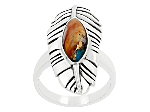 Photo of Southwest Style by JTV™ Blended Spiny Oyster Shell  & Turquoise Rhodium Over Silver Feather Ring - Size 6
