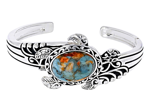 Southwest Style by JTV™ Blended Spiny Oyster Shell & Turquoise Rhodium Over Silver Turtle Cuff - Size 7.5