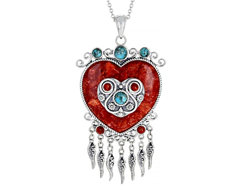 Southwest Style by JTV™ Red Sponge Coral & Turquoise Sterling Silver Heart Shape Enhancer With Chain