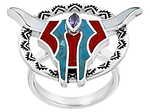 Photo of Southwest Style by JTV™ Mother-of-Pearl, Coral, Turquoise & Amethyst Rhodium Over Silver Bull Ring - Size 11