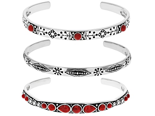 Southwest Style by JTV™ Coral Sterling Silver Set of 3 Cuff Bracelets