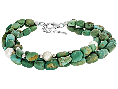 Southwest Style by JTV™ Kingman Turquoise & Cultured Freshwater Pearl Rhodium Over Silver Bracelet - Size 7.5