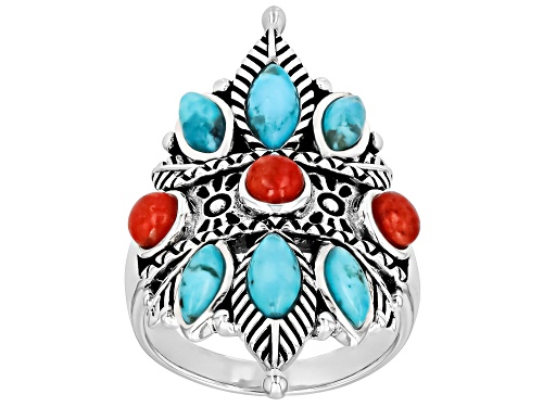 Southwest Style by JTV™ Blue Turquoise & Red Sponge Coral Sterling Silver Statement Ring - Size 7