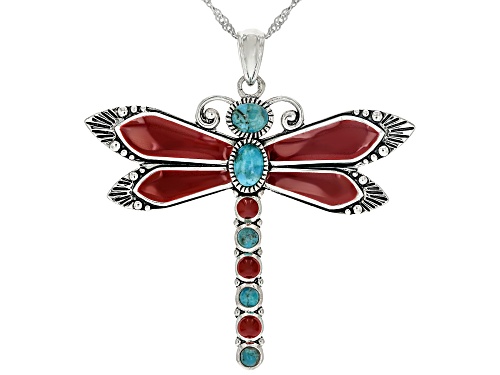 Southwest Style by JTV™ Blue Turquoise & Red Enamel Sterling Silver Dragonfly Pendant With Chain