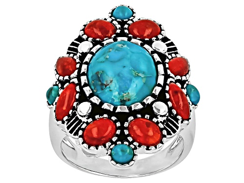 Southwest Style by JTV™ 12x10mm Turquoise & Red Sponge Coral Sterling Silver Ring - Size 6