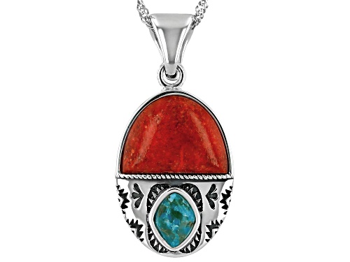 Southwest Style by JTV™ Red Coral & Turquoise Sterling Silver Medallion Pendant With 18" Chain