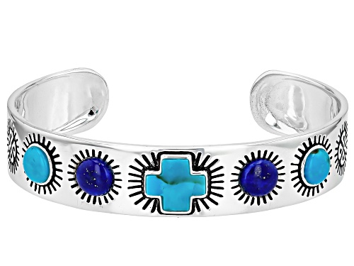 Southwest Style By JTV™ 11x11mm Turquoise & 7mm Lapis Lazuli Sterling Silver Cross Cuff Bracelet - Size 7.5