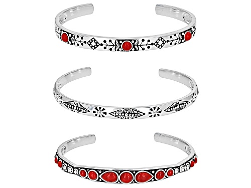 Southwest Style by JTV™ Coral Sterling Silver Set of 3 Cuff Bracelets