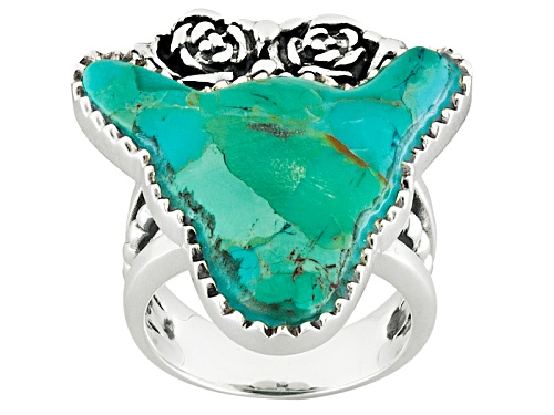 Southwest Style By Jtv™ Fancy Shape Cabochon Turquoise Sterling Silver Bull Ring - Size 5