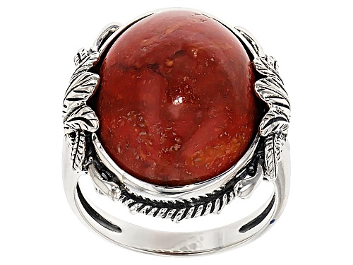 Southwest Style By Jtv™ 19x15mm Oval Cabochon Red Sponge Coral Sterling Silver Solitaire Ring - Size 5