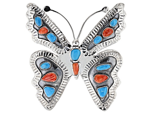 Southwest Style By Jtv™ Turquoise And Spiny Oyster Shell Silver Butterfly Pendant/Brooch