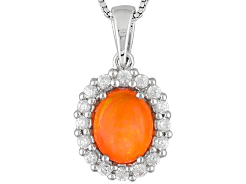 2.11ctw Oval Orange Ethiopian Opal And Round White Zircon Sterling Silver Pendant With Chain